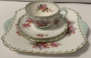 Shelley Bone China Blossom Pattern Green Trim Teacup Saucer Set with Cake Plate - Picture 1 of 14