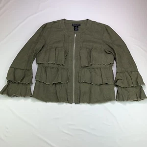 INC International Concepts Linen Jacket Womens Large Ruffled Olive Drab Raw Hem - Picture 1 of 11