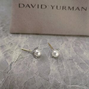 David Yurman Sterling Silver 6mm Pearl W/ Diamond Stud Earrings