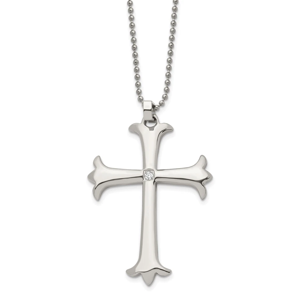 Stainless Steel Polished Cross W/ CZ Pendant 22in Necklace