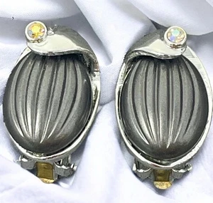 Signed Karu Arke Silver Tone Gray Lucite Rhinestone Clip On Oval Earrings 1” Vtg - Picture 1 of 12