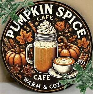 Pumpkin Spice Cafe Print Metal Wall Plaque Effect Home Decor Gift Seasonal - Picture 1 of 5