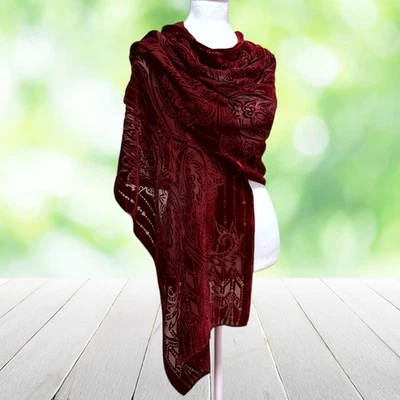 Vintage Burnout Velvet Shawl Burgundy Silk Chiffon Wrap Butterfly Victorian Y2K - Image 1 of 4