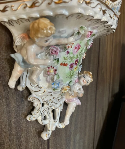 Vintage Noritake Japan Ceramic Cherub Capodimonte Wall Sconce Shelf  Floral Cover
