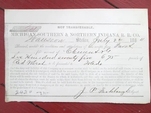 1864 Recibo de cheque de ferrocarril MICHIGAN DEL SUR Y DEL NORTE DE LA INDIA Wauseon OH - Imagen 1 de 5