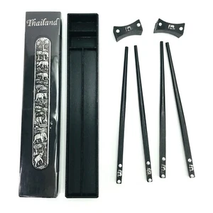 Thailand Elephant Chopsticks 2 Sets Wooden Black Metal Embellished Jungle Animal - Picture 1 of 10