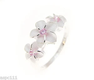 925 STERLING SILVER 3 HAWAIIAN PLUMERIA FLOWER RING PINK CZ - Picture 1 of 7