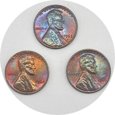 Set of 3 Lincoln Wheat Cents - 1963-D, 1964, 1965 - Beautiful Rainbow Toning - Image 1 of 4