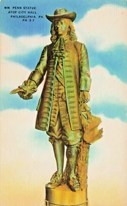 Postcard William Penn Statue Atop City Hall Philadelphia Pennsylvania Linen - Picture 1 of 2