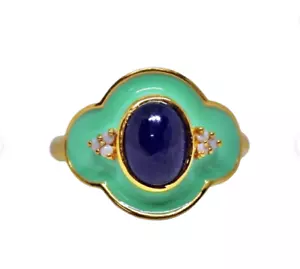 Saphir & Perle Edelstein Ring, 925 Silber Grün Emaille Gold Politur Kostüm Ring - Bild 1 von 3