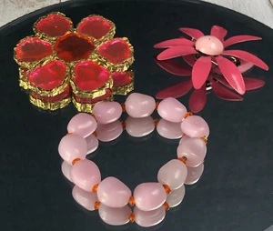 Funky Chunky Vintage Brooch Lot PINK Enamel Flower Stone Stretchy Bracelet Bold - Picture 1 of 11
