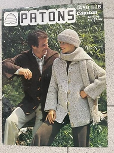 Patons 1450 Jacket Collar Wide Sleeves Pockets Hat Scarf sizes 32”-42” Aran #B - Picture 1 of 3