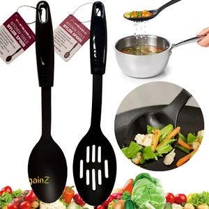 2 x Solid Slotted Spoon Nylon Black Non Stick Cooking Serving Heat Resistant - Picture 1 of 1