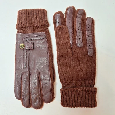 Etienne Aigner Gloves Womens One Size Brown Leather Knit Cuffed Vintage - Image 1 of 4