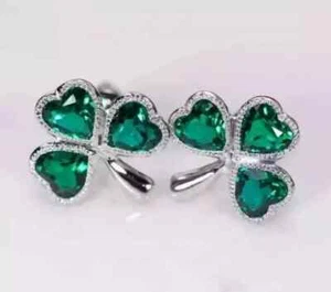 Natural Emerald 3Ct Heart Cut Women's Flower Stud Earrings 14K White Gold Plated - Picture 1 of 8