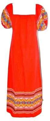 Vestido Boho Hippie Naranja Bordado a Mano Oaxacón Mexicano Vintage, Talla Única Foto 1 de 4