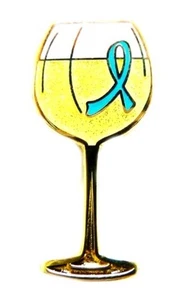 Teal Ribbon Lapel Pin Awareness Wine Glass Tasting Fund Raise Rape Displasia New - Picture 1 of 6