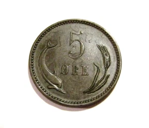 Denmark 1906 5 Ore Coin Dolphin - Picture 1 of 5