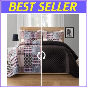 3-Piece Reversible Plaid Patchwork Quilt Set - Queen Size, Rustic Brown Elegance - Picture 1 of 10