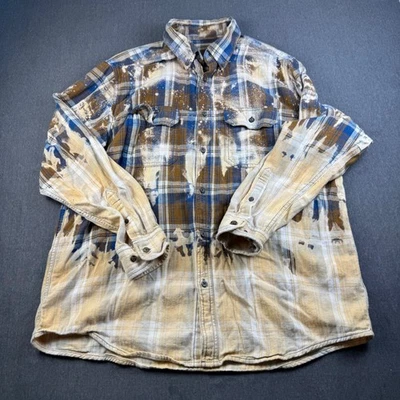 Bleached Flannel Shirt L G Blue Brown Tan Plaid Long Sleeve Button Up Top - Image 1 of 4