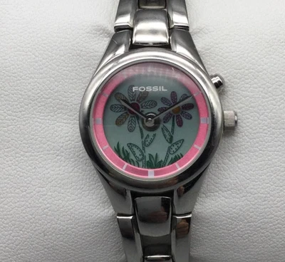 Женские часы Fossil Big Tic с цветочным рисунком 24 мм розовый циферблат серебристые новый аккумулятор 6,5 дюйма - Изображение 1 из 4