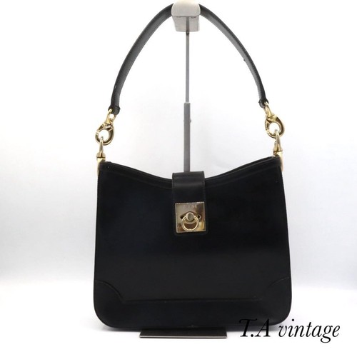 CELINE Gancini borsa a tracolla con patta borsa a mano in pelle nera x ferramenta oro