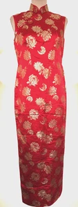 Vintage Damen Gr. S rot gold Brokat Handarbeit asiatische Seide lang Cheongsam - Bild 1 von 8