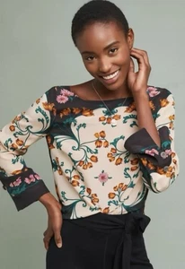 Maeve 100% Silk Florence Floral Top Size 6 Artsy Boho Anthropologie Long Sleeve - Picture 1 of 15