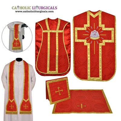 LITURGIQUES CATHOLIQUES NOUVEAU vêtement de violon romain chasuble rouge pélican 5 pièces ensemble...