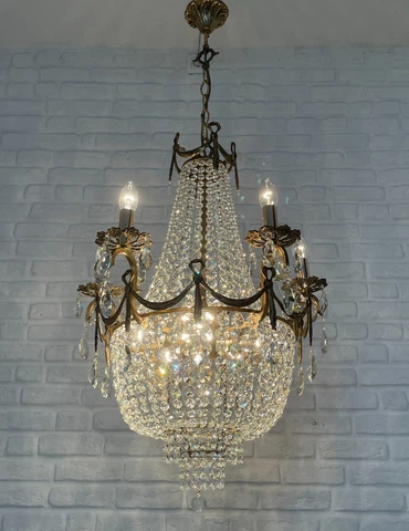 Antique Vintage Brass & Crystals 5 arms French Empire Chandelier Ceiling Cover