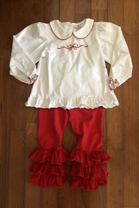 Smocking Bird Girls Set Size 7 LS Top And Ruffled Pants Red White Valentines - Picture 1 of 9