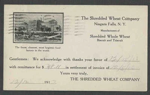 1910 PC NIAGARA FALLS NY THE SHREDDED WHEAT CO MAKES BISCUITS TRISCUITS SEE INFO - Picture 1 of 1