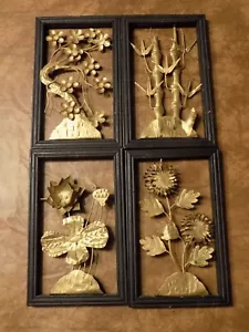 Lotto di 4 quadri da parete incorniciati in metallo giapponese fiori oro legno - Foto 1 di 8