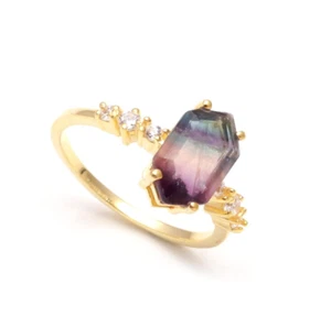 Multi Fluorite Elongated Hexagon Ring Sterling Silver Solid Gold Boho Jewelry - Picture 1 of 10