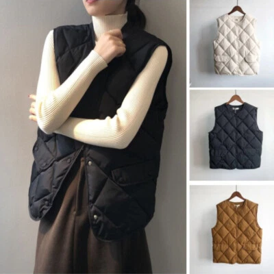 Women Quilted Waistcoat Button Pocket Rhombus Check Vest Jacket Padded Gilet - Image 1 of 4