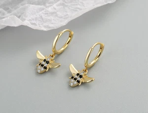 Gold Honey Bee Pave Black Cubic Zirconia Hoop Dangle Hook Earring - Picture 1 of 2