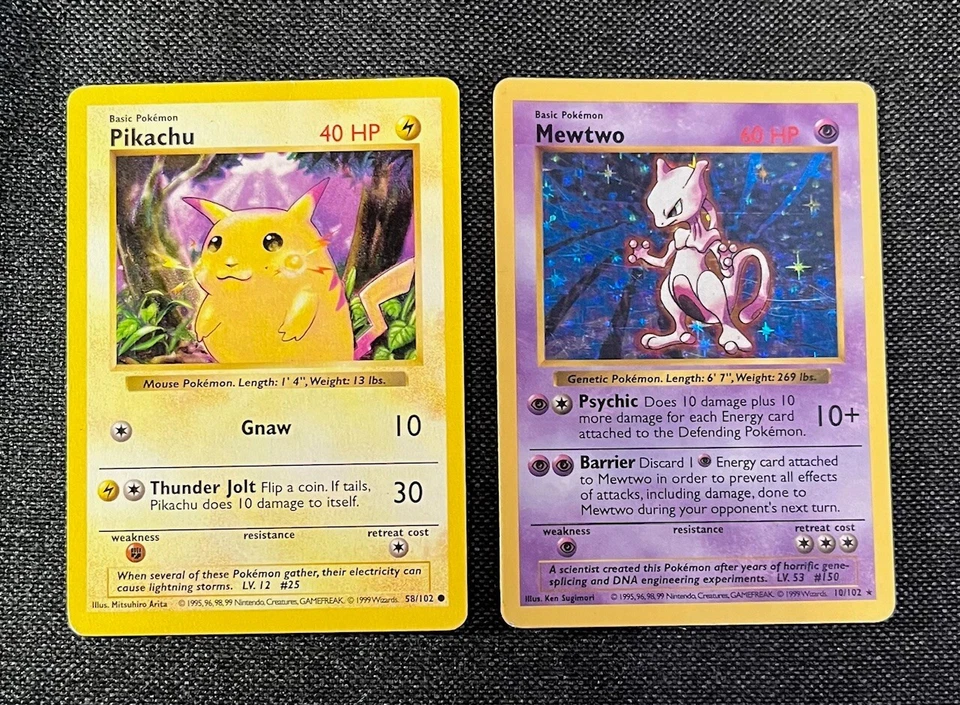 Pokémon 1999 Mewtwo #10 Holo Shadowless Holo Rare & Pikachu #58 Yellow Base Set  - Imagen 1 de 4