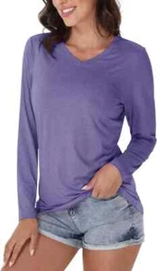 Women's Long Sleeve UPF 50+ Quick Dry Workout Tee V-Neck - Picture 1 of 56