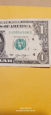 One Dollar Bil Year 2013 Fancy Serial D 65556506 D  Trinnary - Image 1 of 4