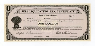 1933 $1 Self Liquidating Tax Cert. County Treas. NORTH DAKOTA Depression Scrip - Image 1 of 2