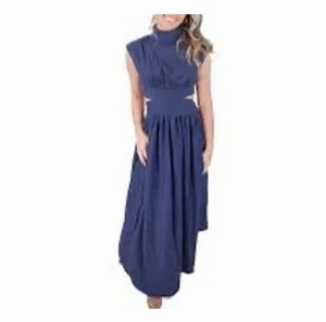 COMMENSE Cut Out Navy Maxi Dress Mock Neck Beach Resort Pockets Women's M Mediu - Picture 1 of 12