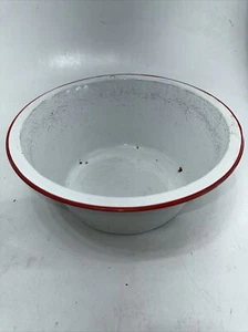 red & white Round porcelain enamelware 13in mid 1900s vintage pan bowl deep - Picture 1 of 6