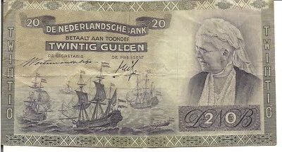 NETHERLANDS , 20 GULDEN, Queen Emma @ r, 1941 - Image 1 of 2