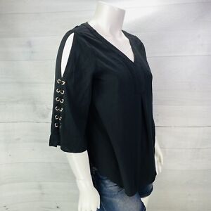 Chico's Black V-Neck Cold Shoulder 3/4 Sleeve Metal Accent Pleated Top Sz 3 XL