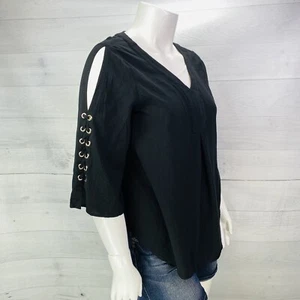 Chico's Black V-Neck Cold Shoulder 3/4 Sleeve Metal Accent Pleated Top Sz 3 XL - Picture 1 of 14