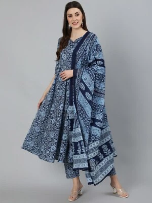 Mujer India Azul Motivos Étnicos Algodón Puro Estampado Kurta Con Pantalón y Dupatta Foto 1 de 4