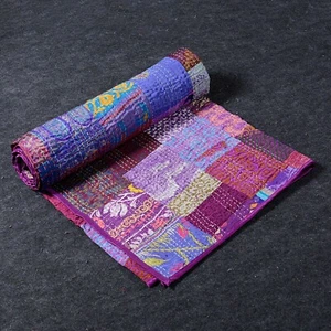Indian Handmade Silk Kantha Quilt Patchwork Twin Size Bedspread Boho Bohemian - Picture 1 of 6