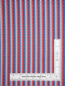 Patriotic Fabric Red White Blue Stars on Linear Stripes Cotton Santee By Yard - Picture 1 of 1