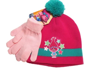 DreamWorks Trolls Poppy Pink Knit Pom Beanie Winter Hat + Pink Gloves NWT - Picture 1 of 2