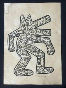 KEITH HARING drawing and painting on old paper signed stamped vintage - Picture 1 of 2